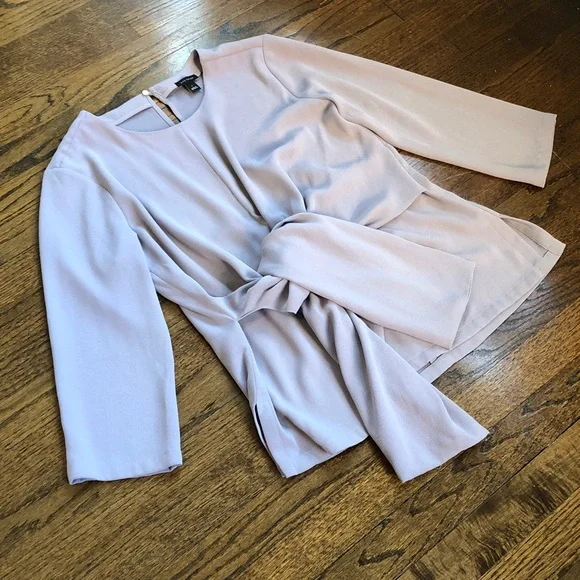 3/$10 Slate Gray Muted Blue Tie Sash Waist Flowy 3/4 Sleeve Blouse - Picture 3 of 6